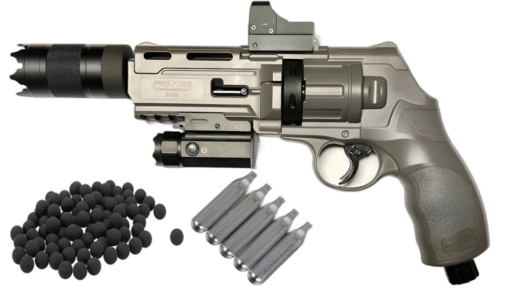 *HSA EXCLUSIVE* T4E HDR / TR50 MINI-TERMINATOR!  POWERFUL CUSTOM HOME DEFENSE W/ MUZZLE FLASH SIMULATOR - UP TO 600+fps 22-24+JOULES VERSION REVOLVER .50 Cal. - COMPLETE PACKAGE!